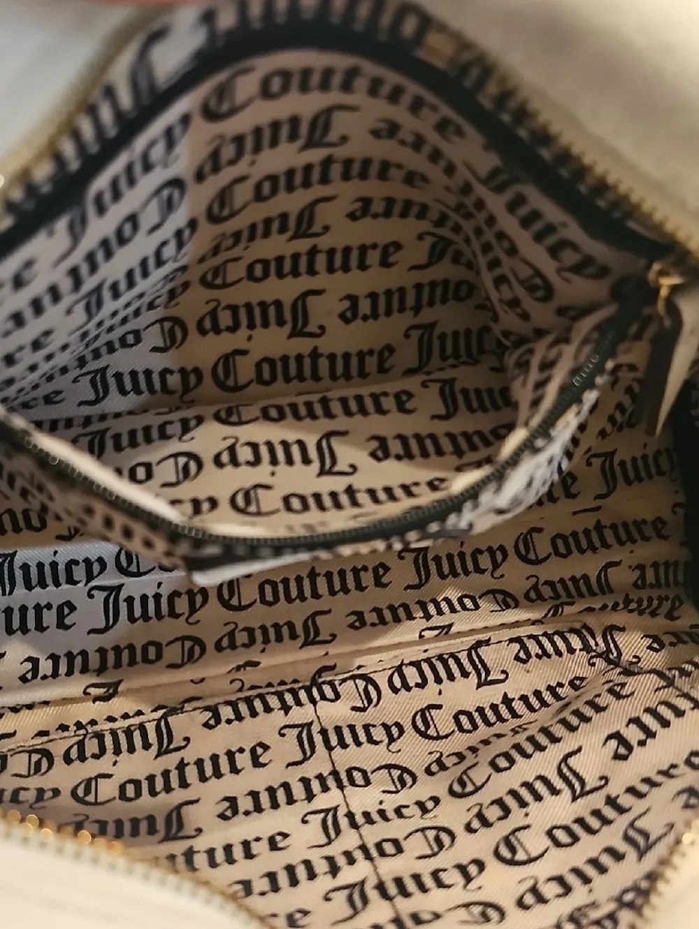 Juicy Couture Cream Embroidered Satchel Crossbody with Gold Accents